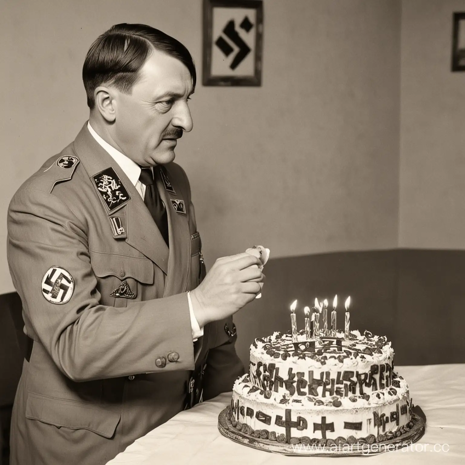 Гитлер у которого в руках торт с нацисткой символикой и надписью спереди:" Kirill Parneov" поздравляет с днем рождением

