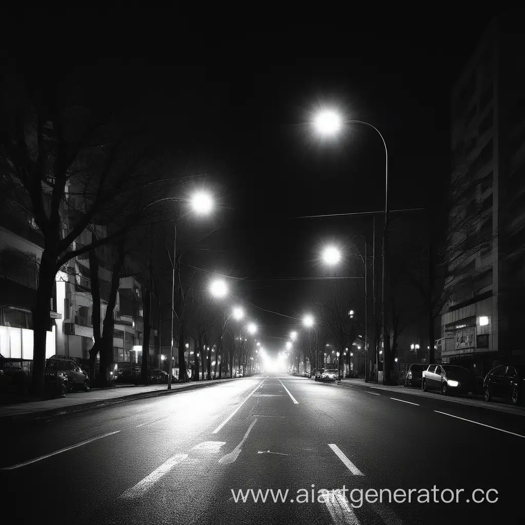 Urban-Night-Scene-Illuminated-Street-Lights-in-Black-and-White