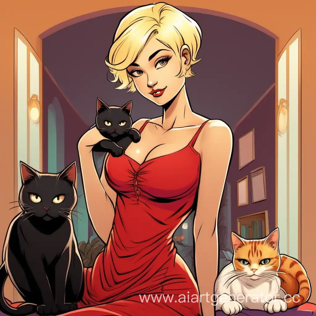 Мультяшная очень богатая девушка, блондинка с короткими волосами, пышной грудью, в красном платье, с котом