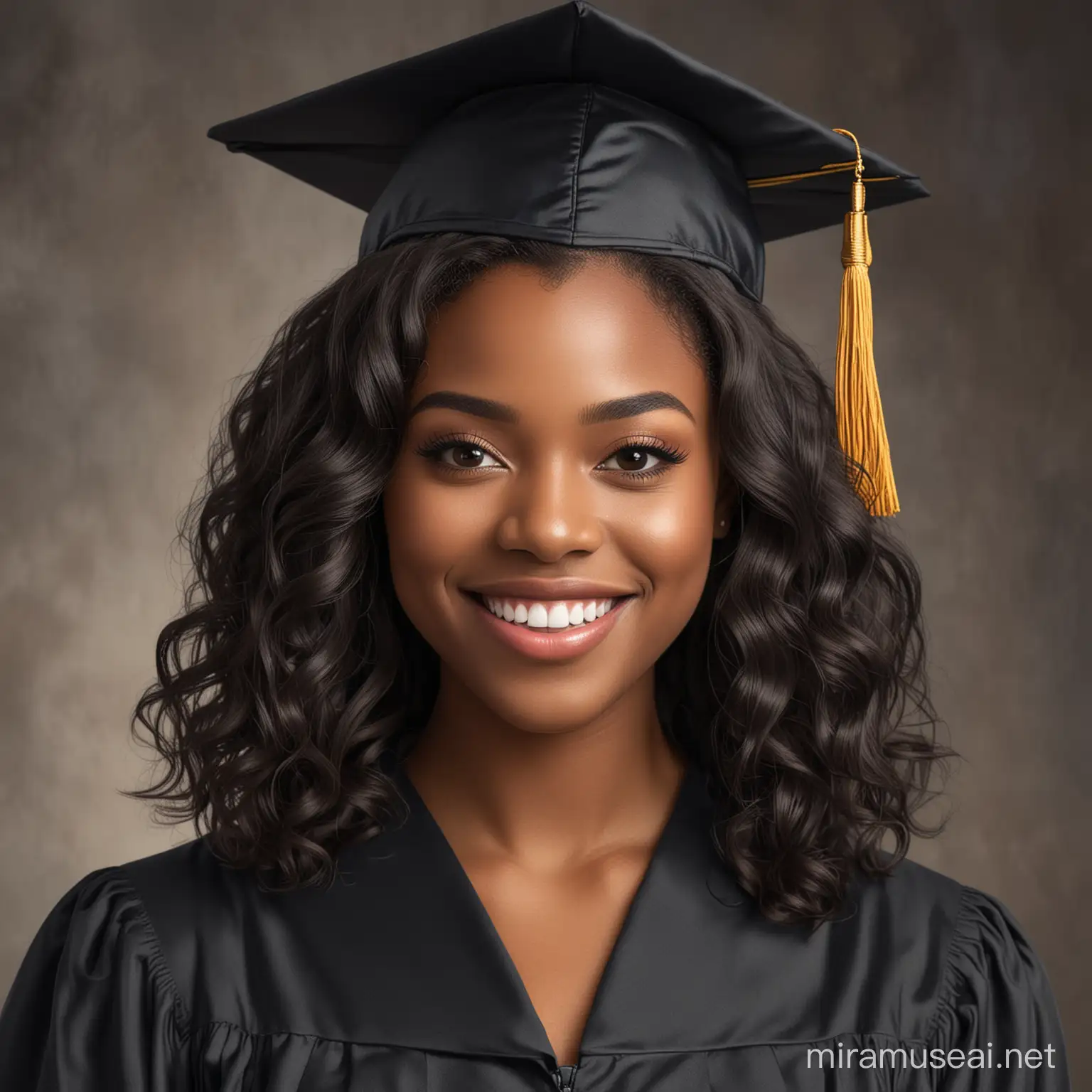 generate me a ai prompt image of a beautiful black african american female in her graduation cap and gown she has black wavy hair make up is flawless and a beautiful smile.