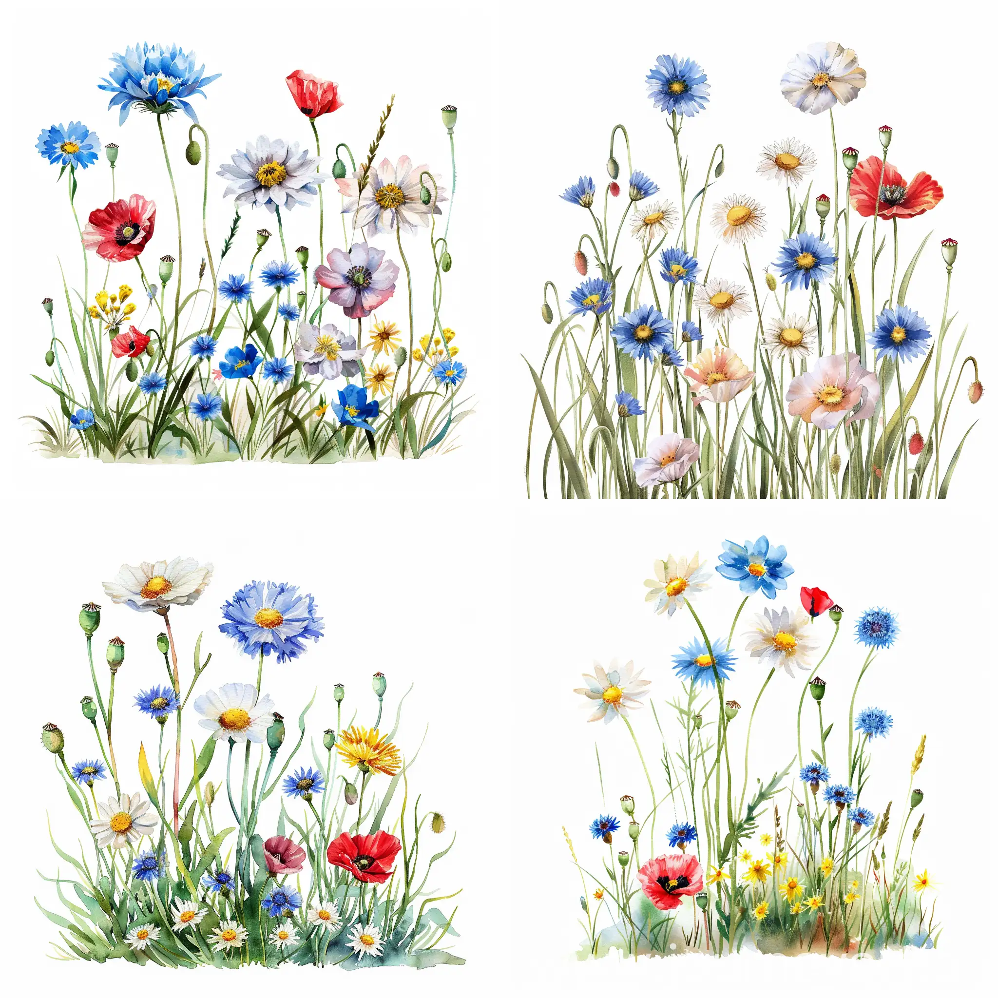 watercolor standing wildflower, daisies, cornflowers and poppy, on white background, soft handpainted, detailed