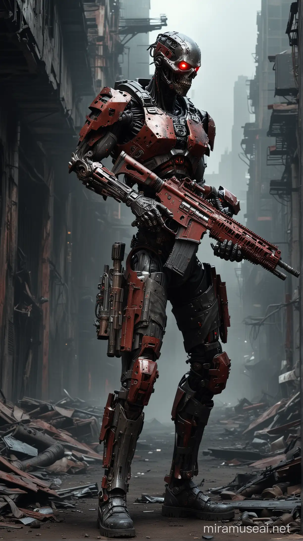 A cybernetically enhanced cyborg zombie with rusted and worn black and red armour holding an AR 15 assault rifle emerges from the shadows in a dark post-apocalyptic cityscape.