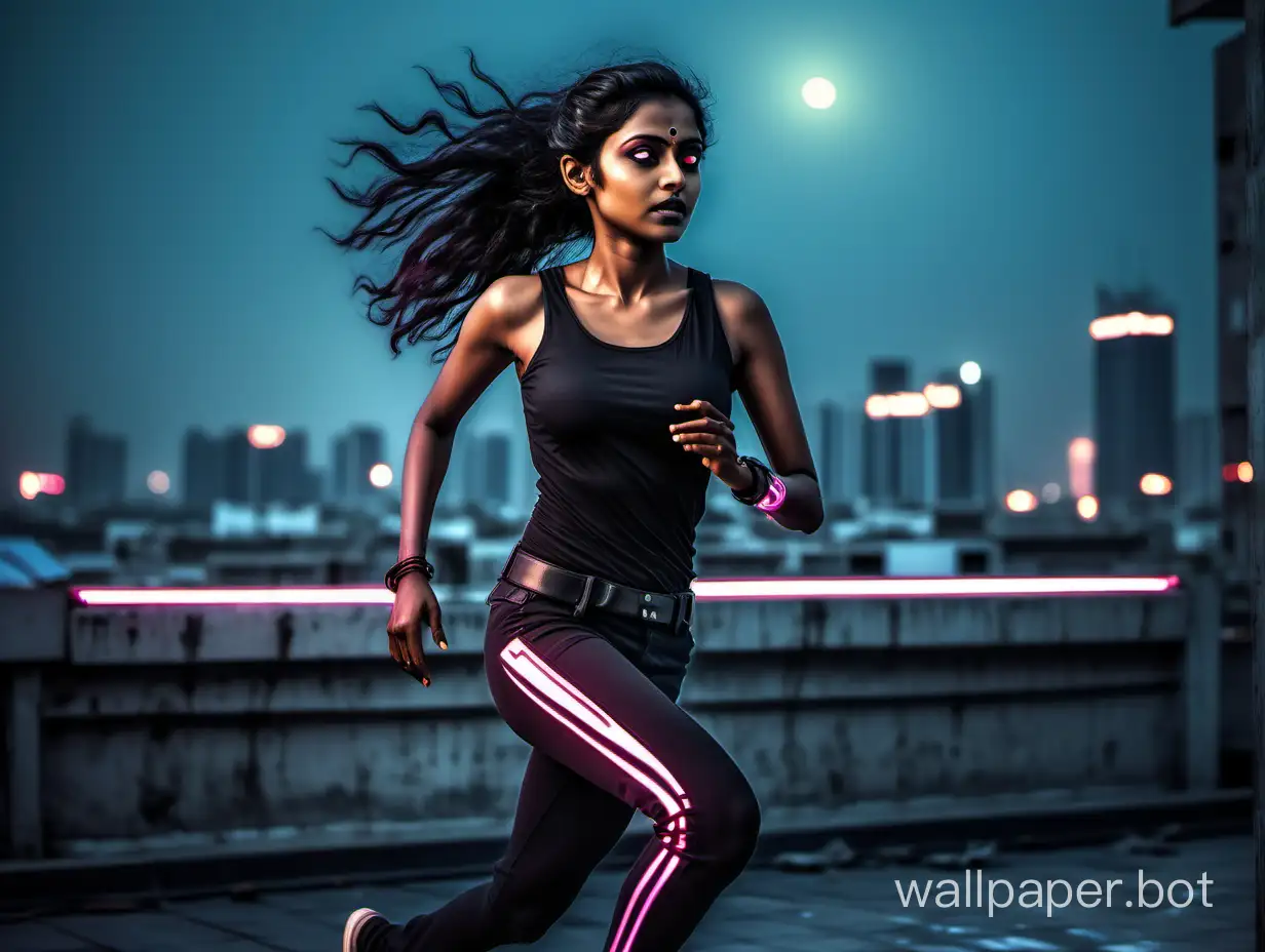 Glowing body 30 years old beautiful Tamilnadu Female half humanoid running at Cyberpunk City building roof top
