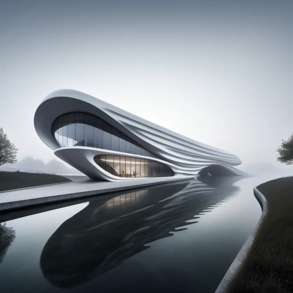 Zaha Hadid Interconnected SingleStory Building with Boat Entrance in Fog