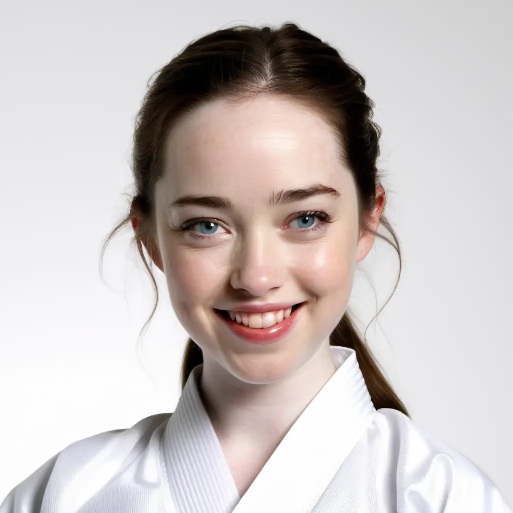 Anna Popplewell Smiles Radiantly in Karate Outfit on Bright White Background