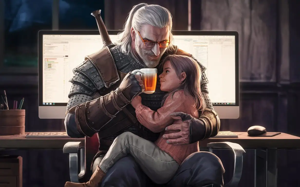 Geralt sits in a chair in front of the computer desk drinking tea with a smile on his face, glasses orange red embracing his daughter from behind.