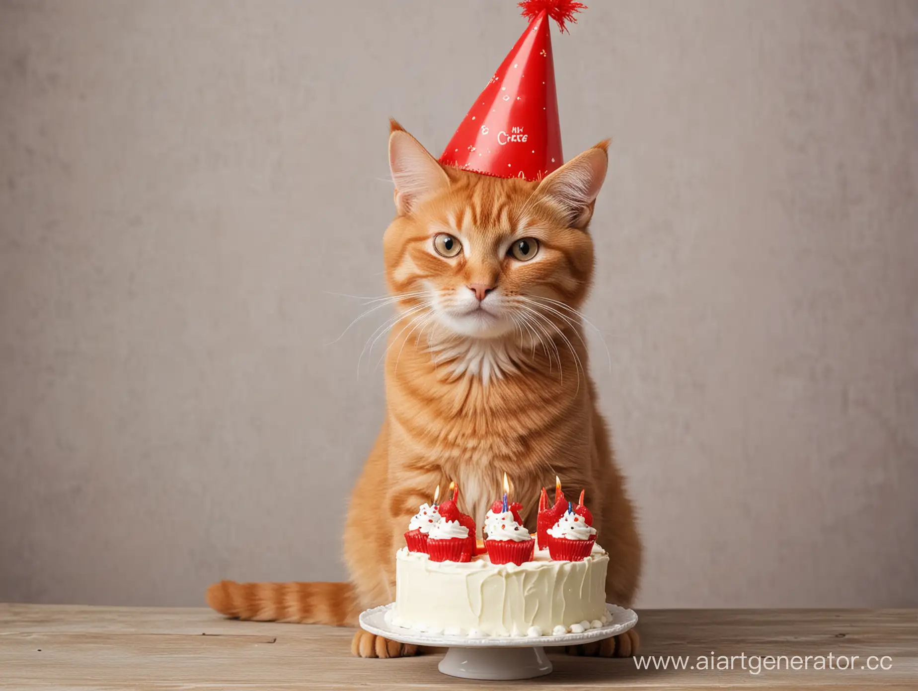Рыжий,упитанный кот в колпаке и держащий в лапах торт,день рождение