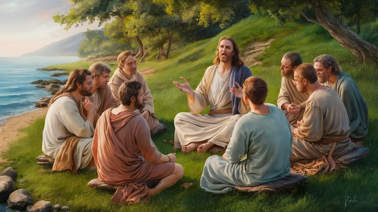 ultra 8k hd, Generate an image depicting Jesus surrounded by his disciples, seated together on a grassy hillside or by the shores of the Sea of Galilee. Jesus speaks passionately, his hands animated as he imparts teachings about the kingdom of God, while the disciples listen intently, their faces reflecting deep thought and contemplation.