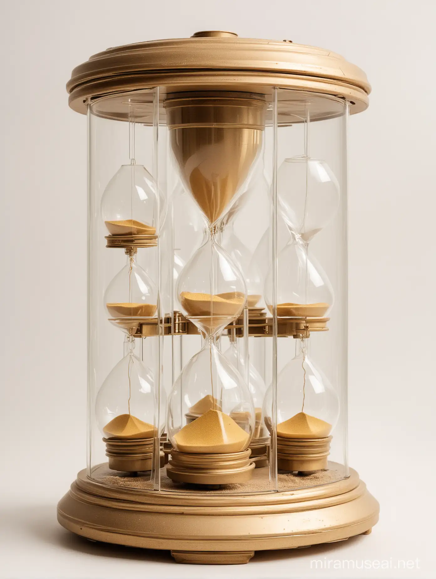 Vintage timemachine made from 6 hourglasses. Banks are situated from up to down. golden sand inside. Clear white backround.