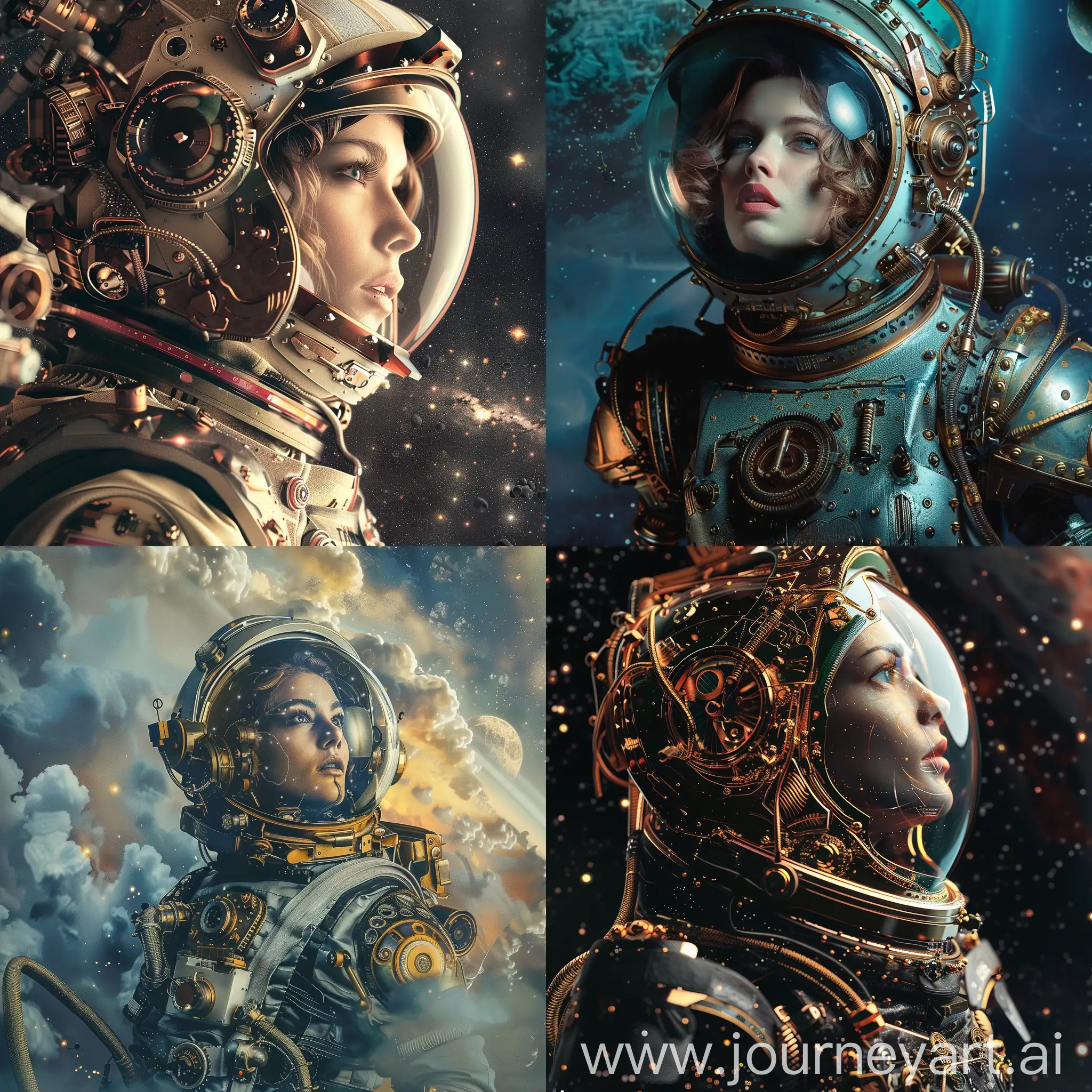 A beautiful futuristic steampunk astronaut in outer space. Sci fi