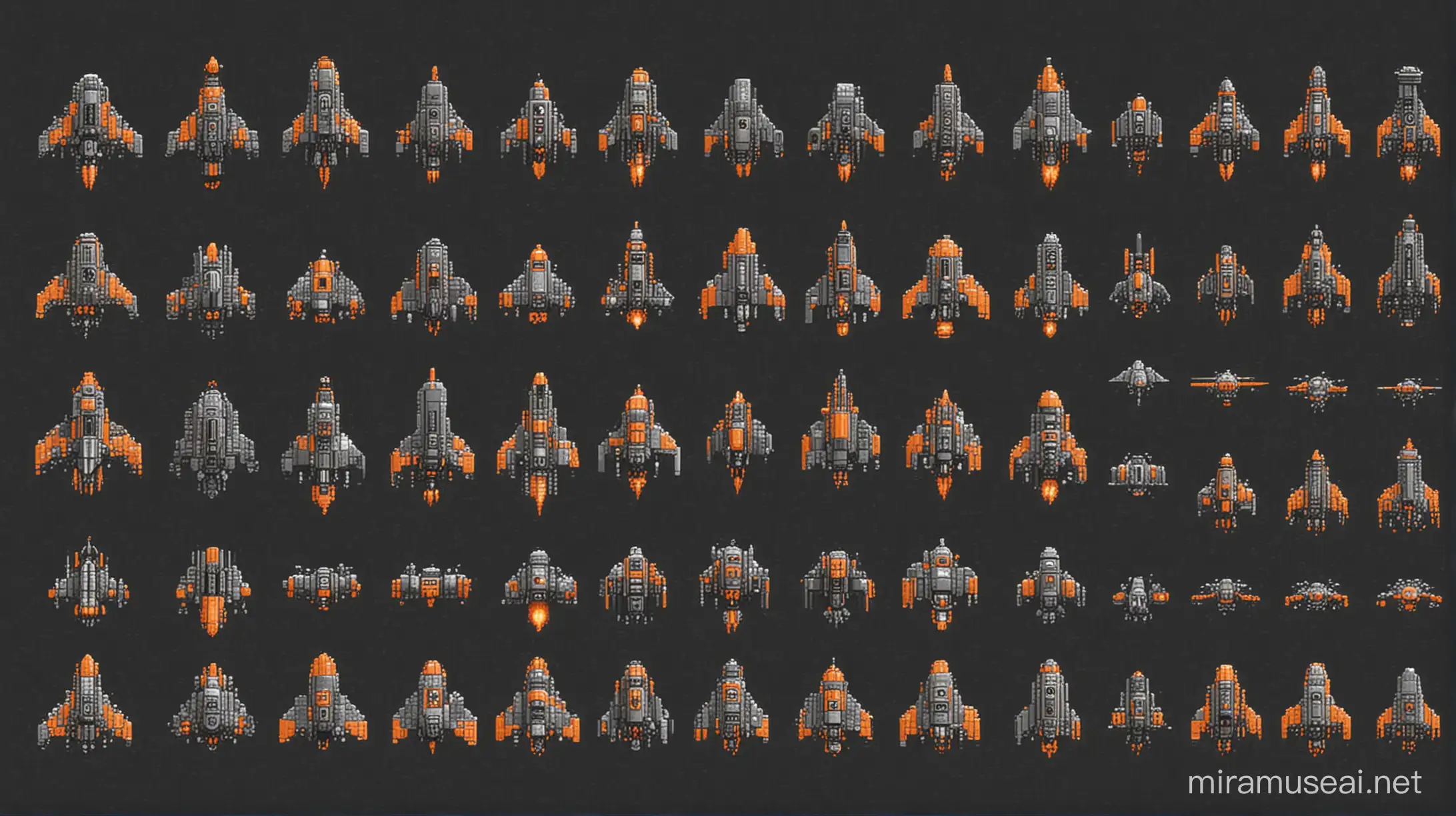 Create a dozen different orange and dark gray spacecraft wars on a pixel art design board
