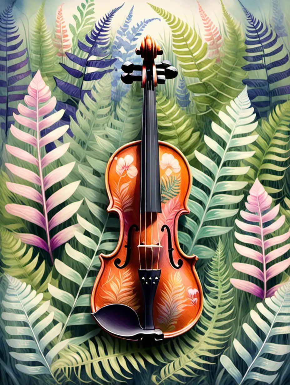 Violin Player Surrounded by Impressionist Floral Patterns and Ferns in Dreamy Spring Colors