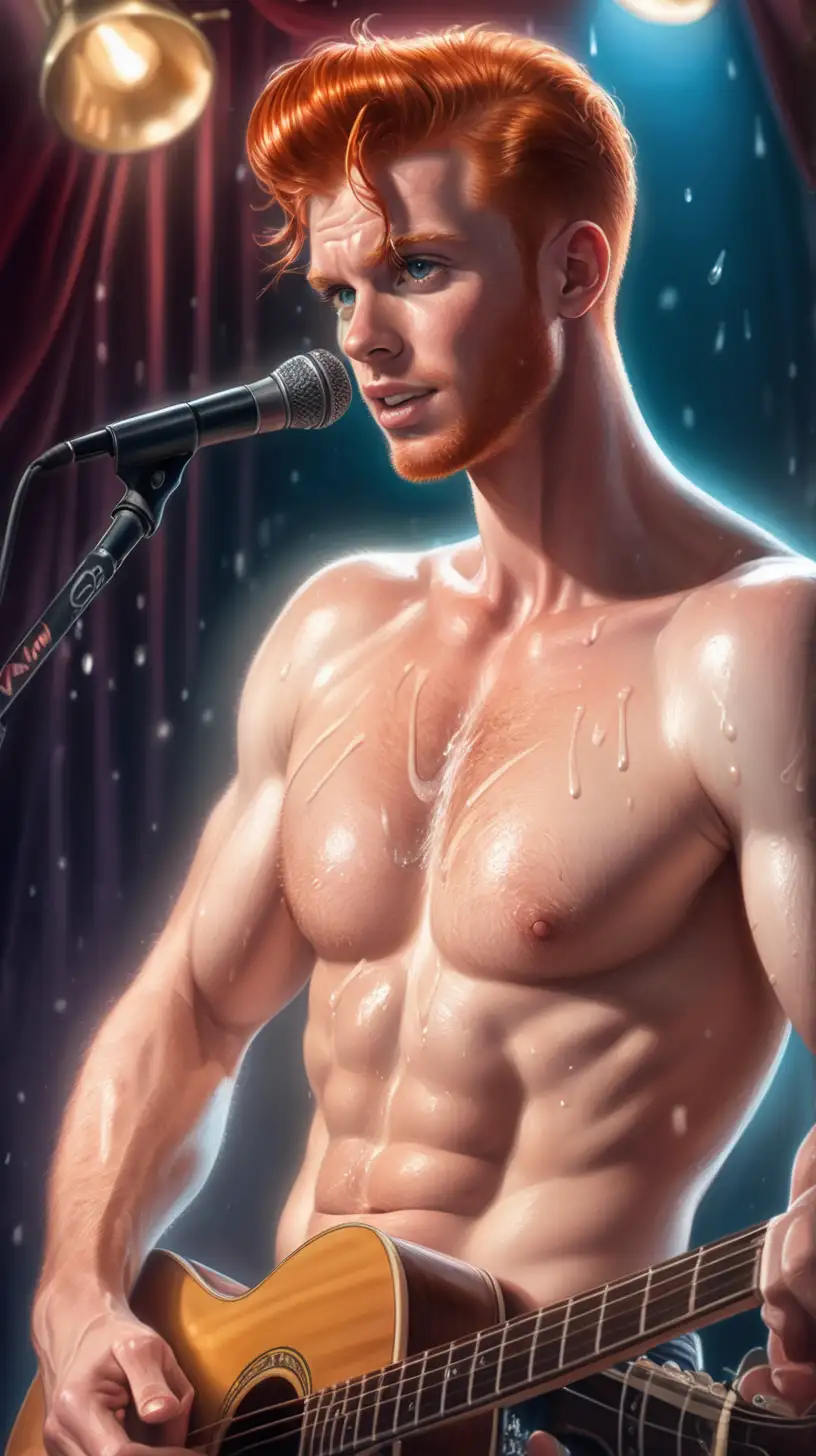 1940s, shirtless handsome muscular redhead singer performing in an intimate night club. 
Short ginger hair, amber eyes, hairy chest, washboard abs, dripping wet sweaty, guitar
Spotlights, hues