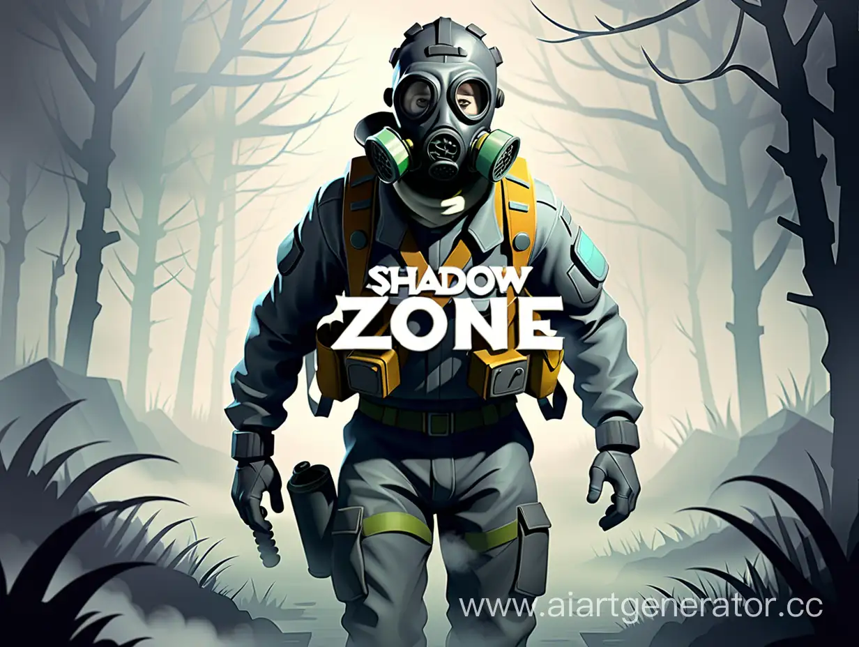 Лого для игры под названием SHADOW ZONE. На картинке должно быть название с игрой, а так же мужчина в противогазе, идущий через туман, цветовая палитра должна быть серой