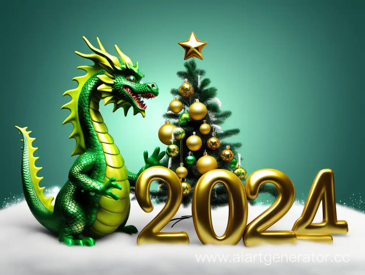 Новый год 2024, Зеленый дракон, новогодняя елка, новогодние игрушки