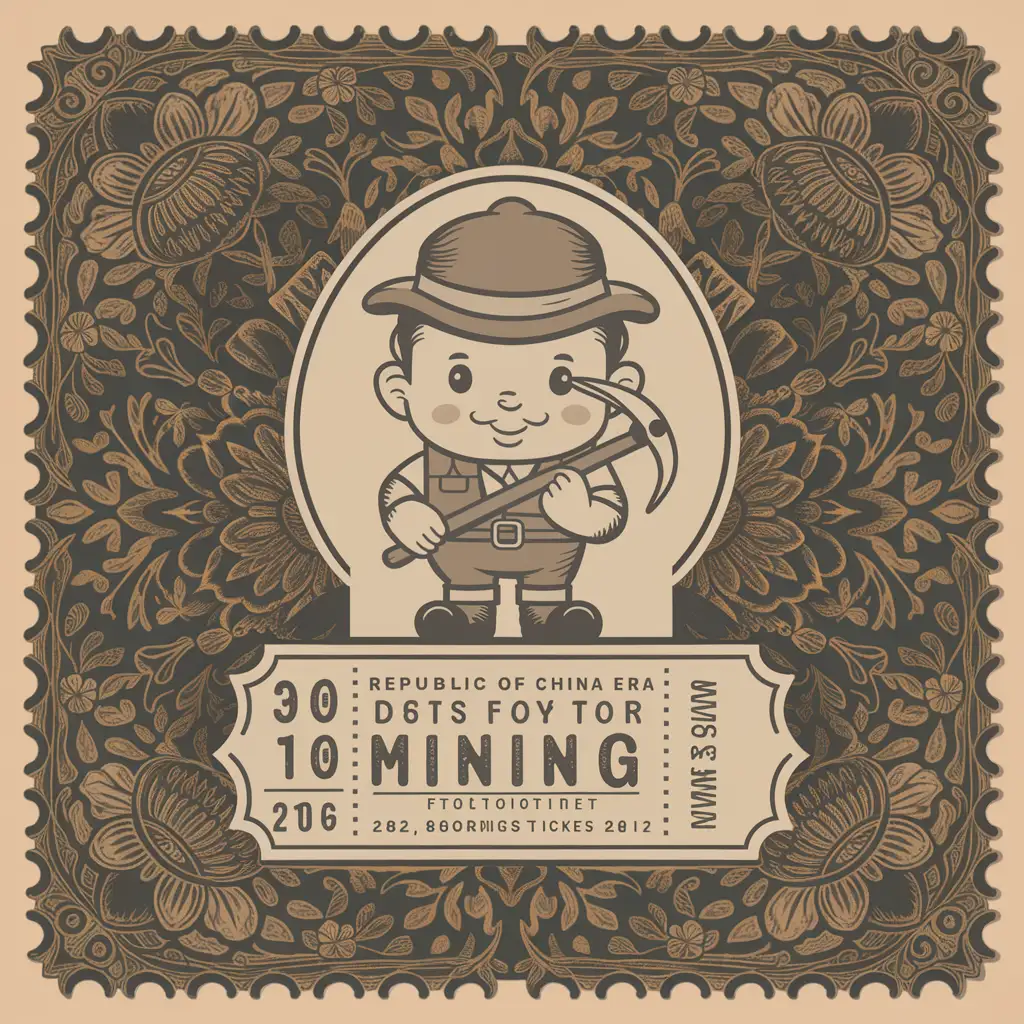 民国风的小小矿工证，要求中间是个可爱的小矿工头像，下面有日期，场次标识，周围带点花纹