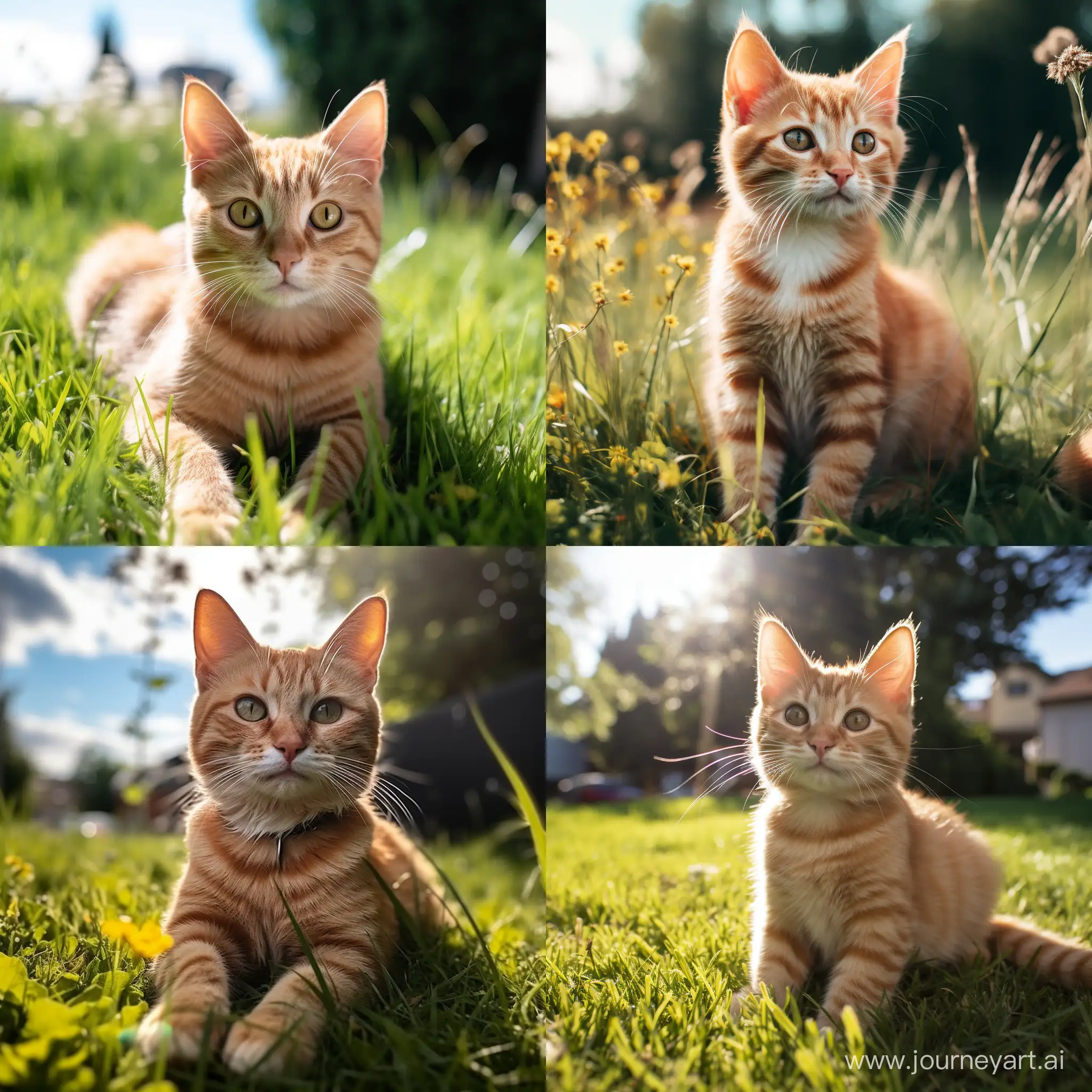 A photo of a orange tabby cat sitting on the grass