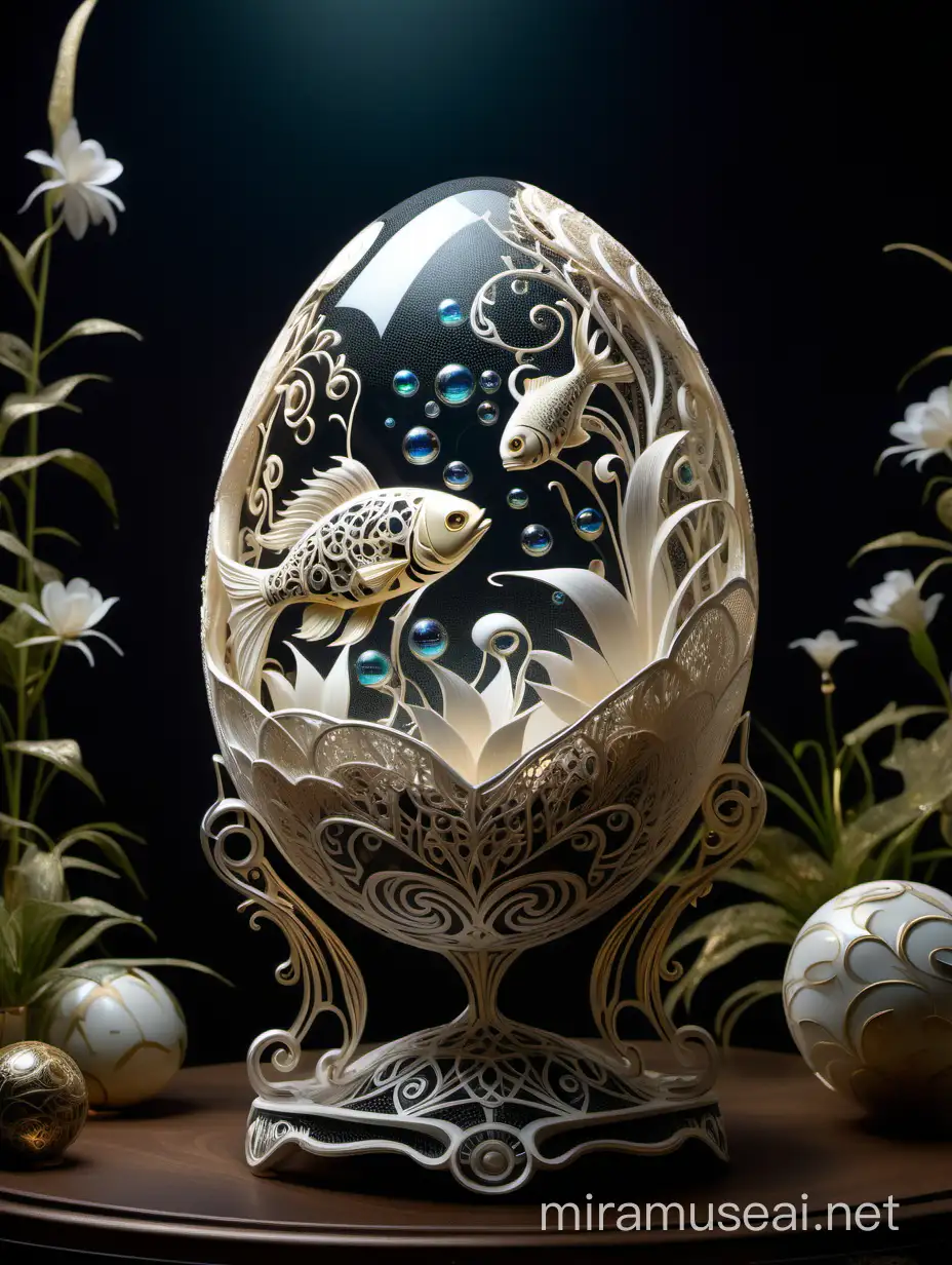 biomechanical flowers, woven into a fantasy egg shape, composed of etched
glass and filigree gold, surrounded by a beautiful garden, inside the egg
lies a tattooed gold big fish with a soft gold skin texture, all elements
catching light to reveal bio-luminescent, translucent qualities, accented
with neon splash effects and floating spheres and bubbles in a style
reminiscent of pointillism, white and black lace wood adding a delicate touch,
by Gustav Klimt backdrop, cyberpunk, gothic, art deco, ultra-detailed

