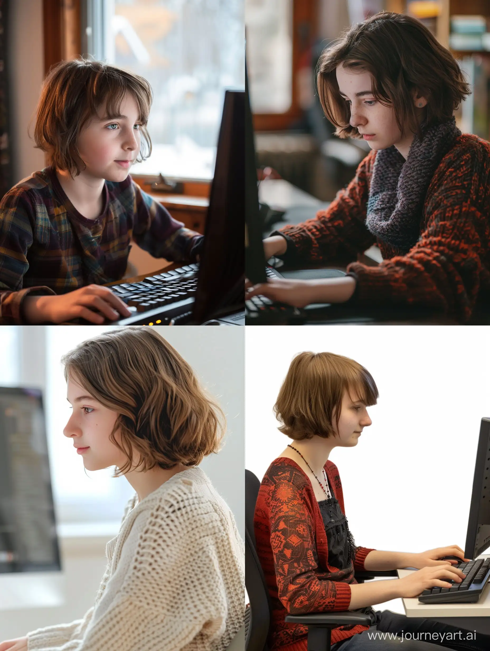 A white girl with short brown hair is sitting playing computer