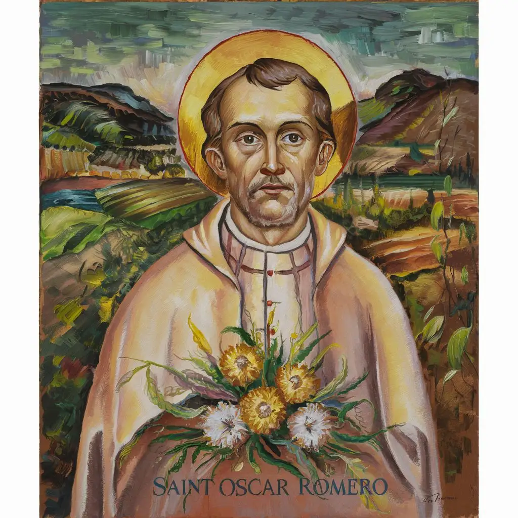painting portrait of saint oscar romero in the style of artist paul cézanne, with san salvador landscape behind him, Flor de Izote on the ground