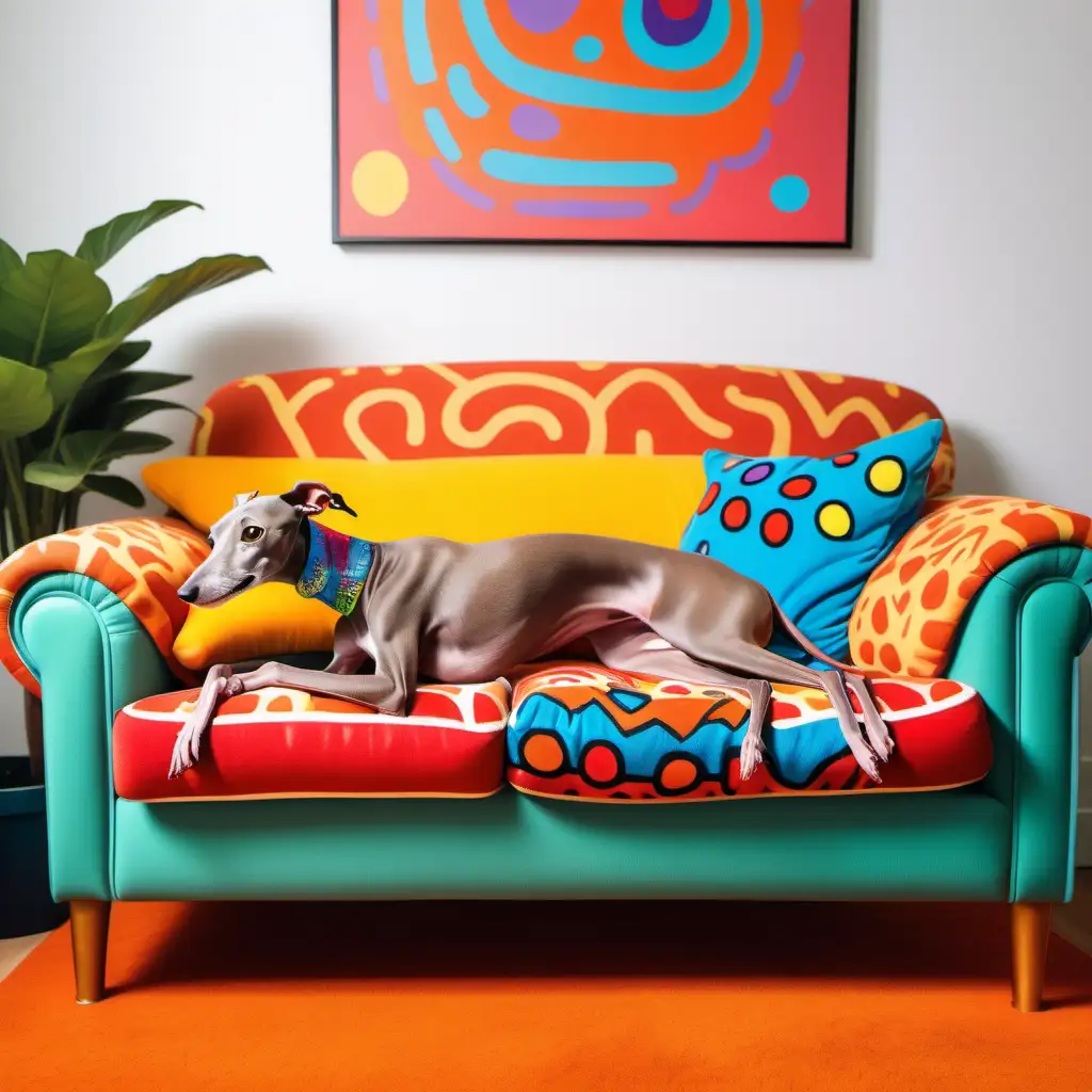 A cartoon character brown Italian greyhound laying on a couch, in a cozy living room, vibrant color, white background, in a combination style of Keith Haring and Peter Max