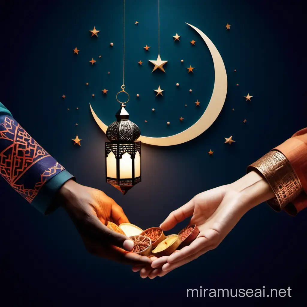 Envision two hands exchanging objects, one giving and the other receiving, symbolizing generosity and sharing.
Consider incorporating visual elements that evoke the atmosphere of Ramadan, such as a crescent moon, lanterns, or Islamic patterns in the background.
Experiment with colors and textures to create a visually appealing composition that resonates with the theme of generosity and sharing.