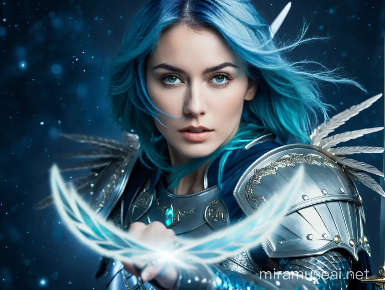 beautiful warrior woman alone, wearing full celestial armor, holding one long sword and one short sword, ready for a fight, deep blues, shades of blue, two shimmering wings, short aqua hair