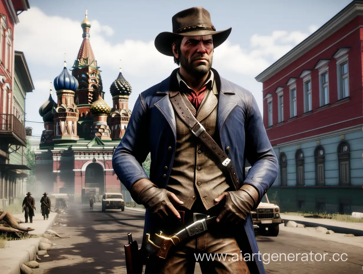 Arthur Morgan from Red Dead Redemption in a Russian criminal city