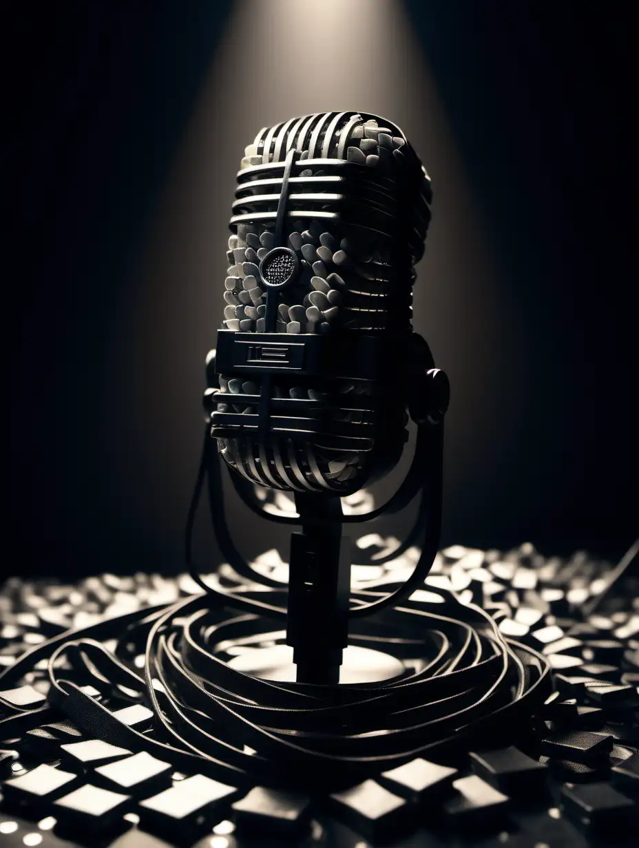 Futuristic Microphone Sculpture in Black Leather Straps