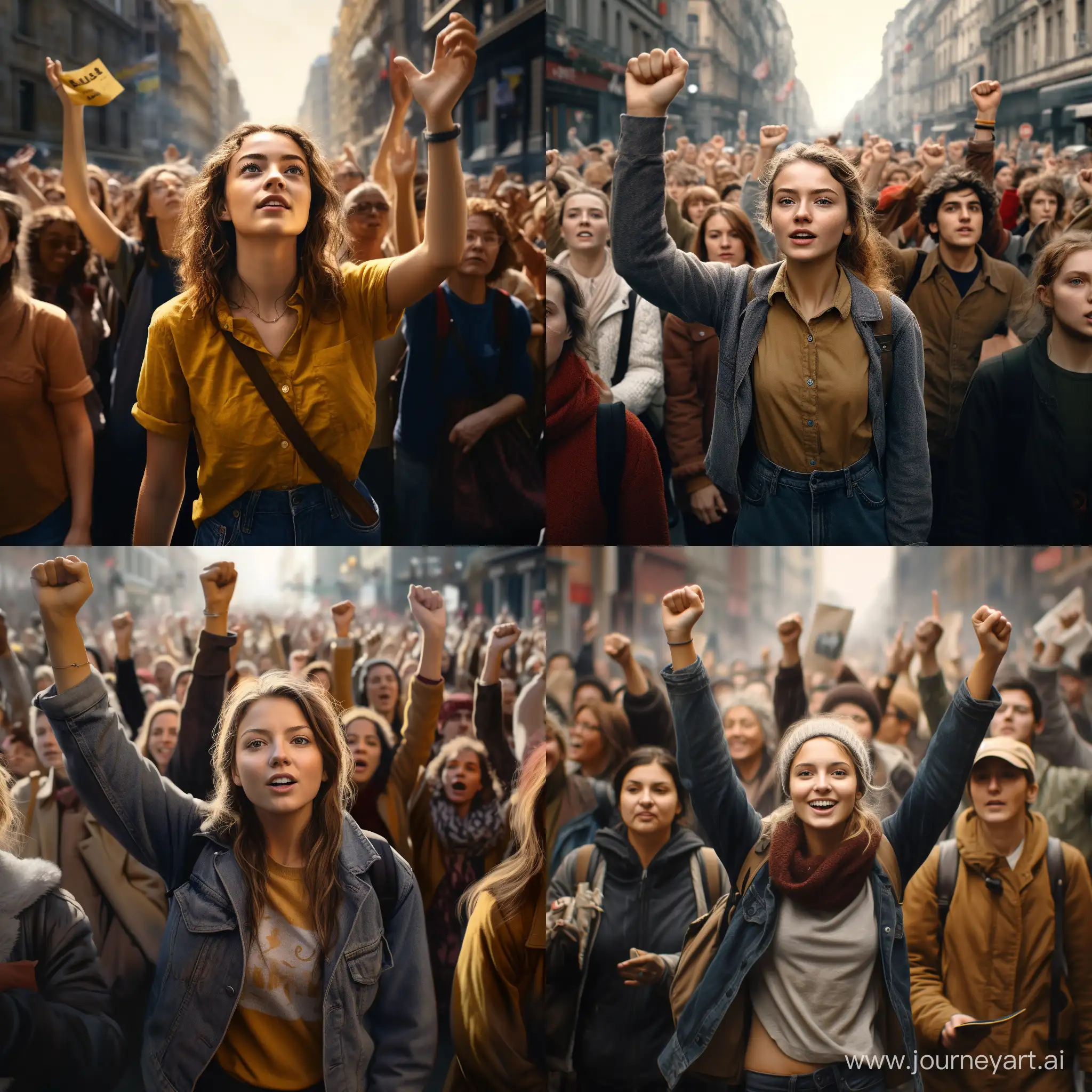 Девушки идут толпой по улице и поднимают руки в качестве протеста, а также кричат лозунги о свободе, фотография, гиперреализм, высокое разрешение