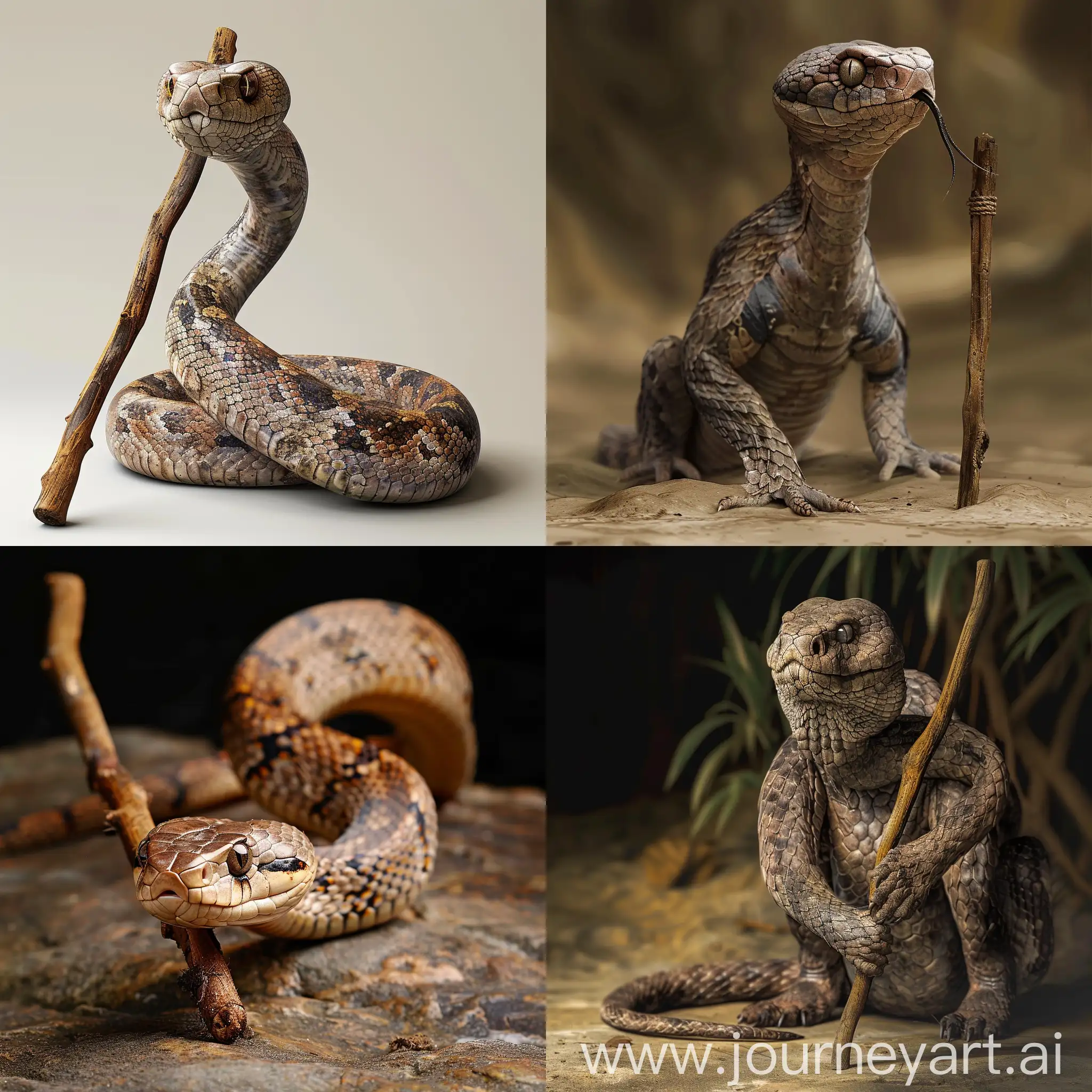 create an image of a old snake with a walking stick