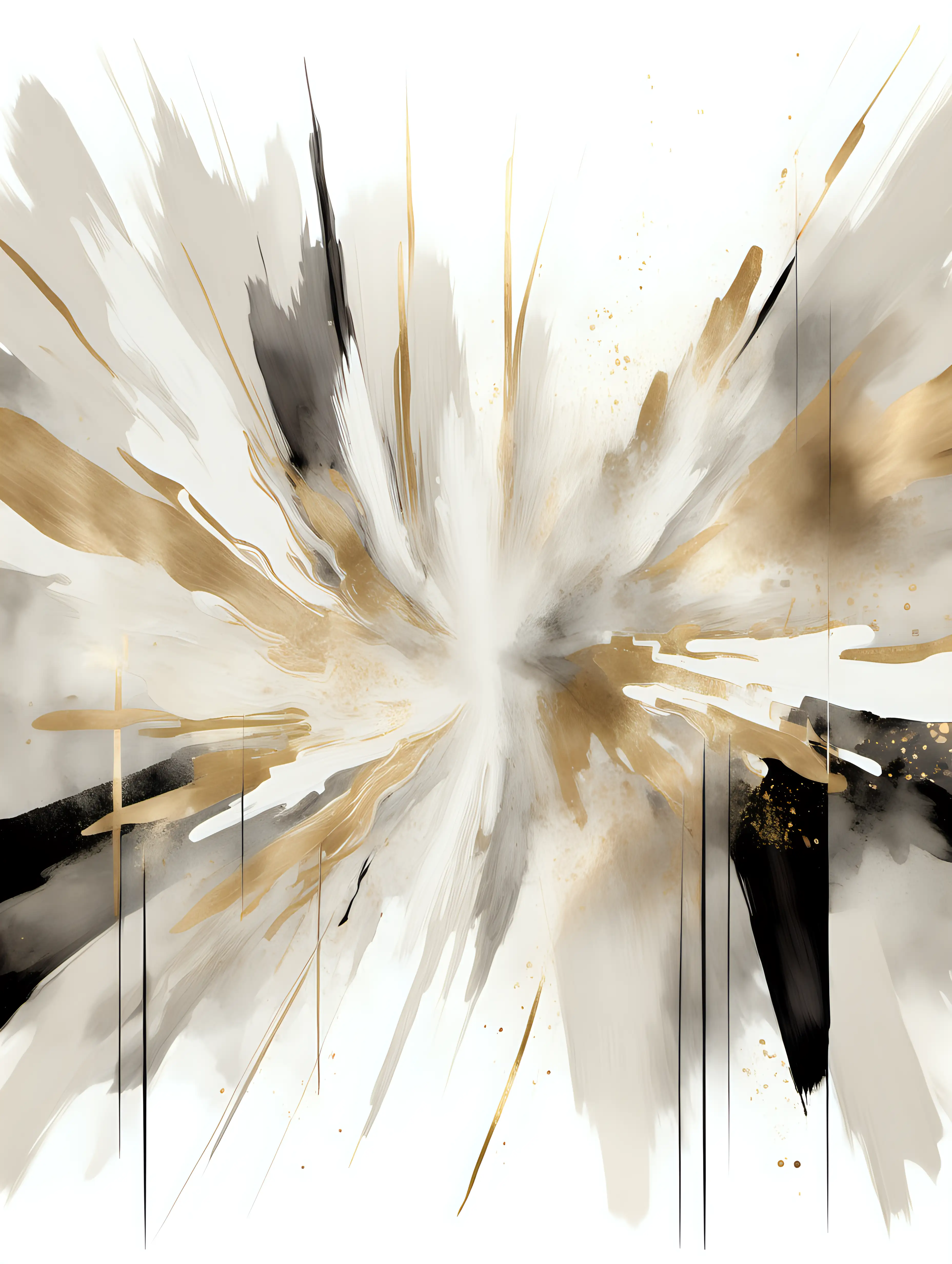 Large modern abstract image that incorporates light watercolours white, beige, gold and black in horizontal and vertical brush strokes only. Nortic design