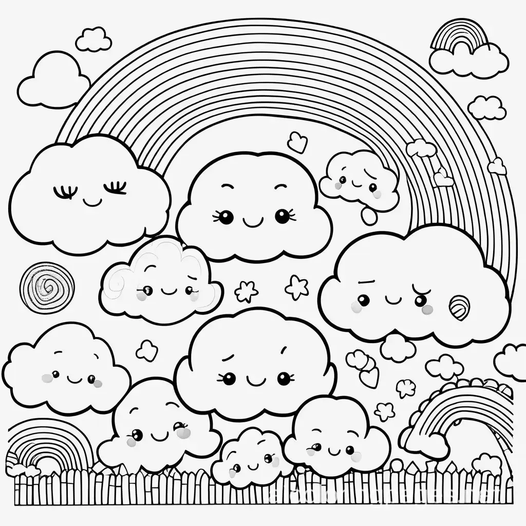 Create a whimsical world where clouds have smiling faces and rainbows are made of candy., Coloring Page, black and white, line art, white background, Simplicity, Ample White Space. The background of the coloring page is plain white to make it easy for young children to color within the lines. The outlines of all the subjects are easy to distinguish, making it simple for kids to color without too much difficulty