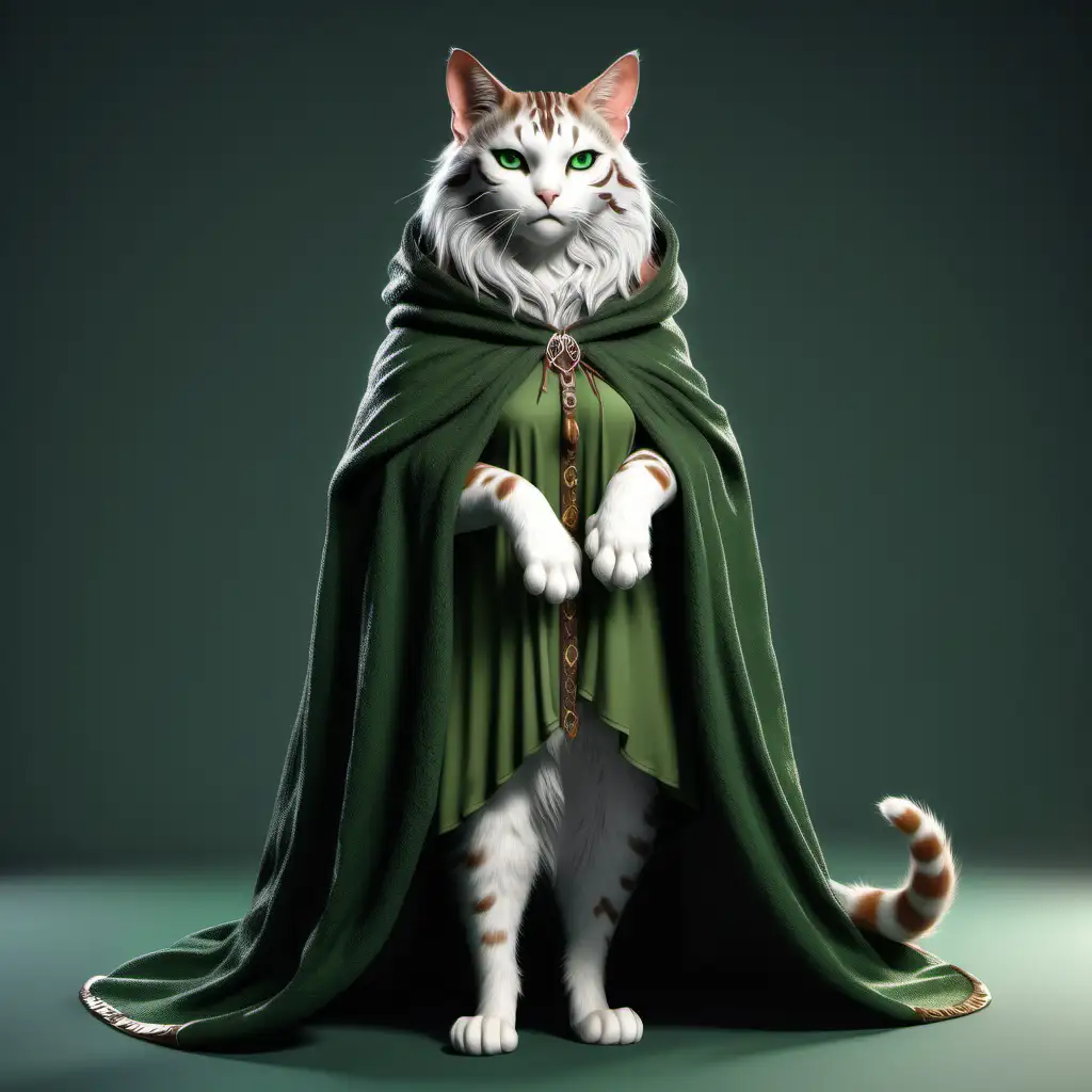  реалистичная  кошка женского пола друид в зеленом плаще с звериными лапами и звериным телом  в полный рост 