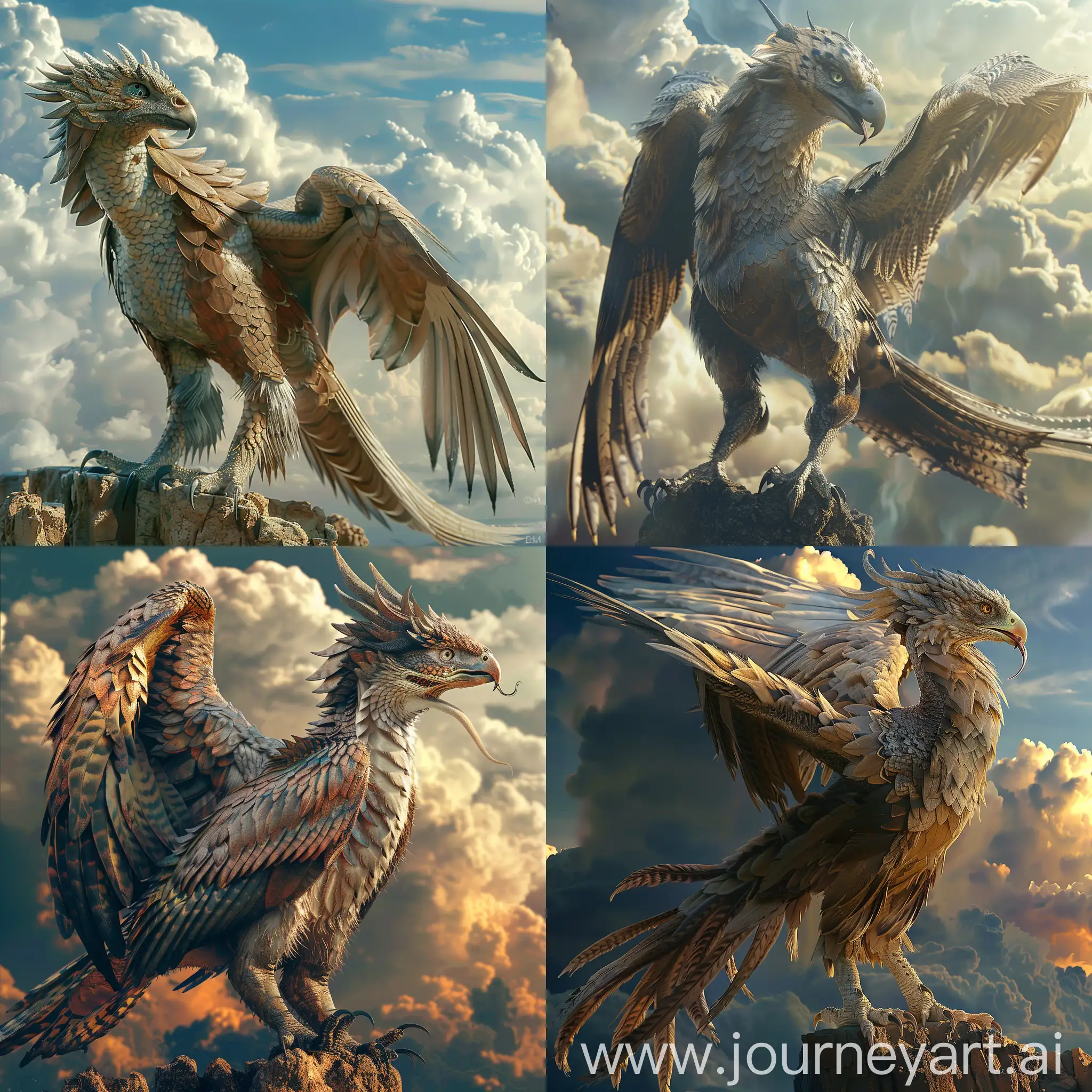 Wyvern, dragon, falcon face, feathers and scales, 4K, cinematic, spectacular clouds in the background, standing on a cliff, membrane wings, lizard tongue, claws on wing
