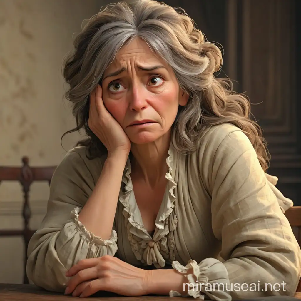 Female 55 years old, dressed in 19th century style. She sits and covers her face with one hand in shame, she is very embarrassed.  In 3d animation style, realism.