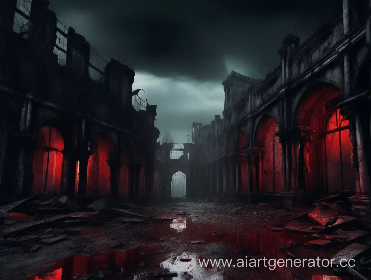 Dark fantasy night rainy abandoned ruins of kingdom streets, blood.