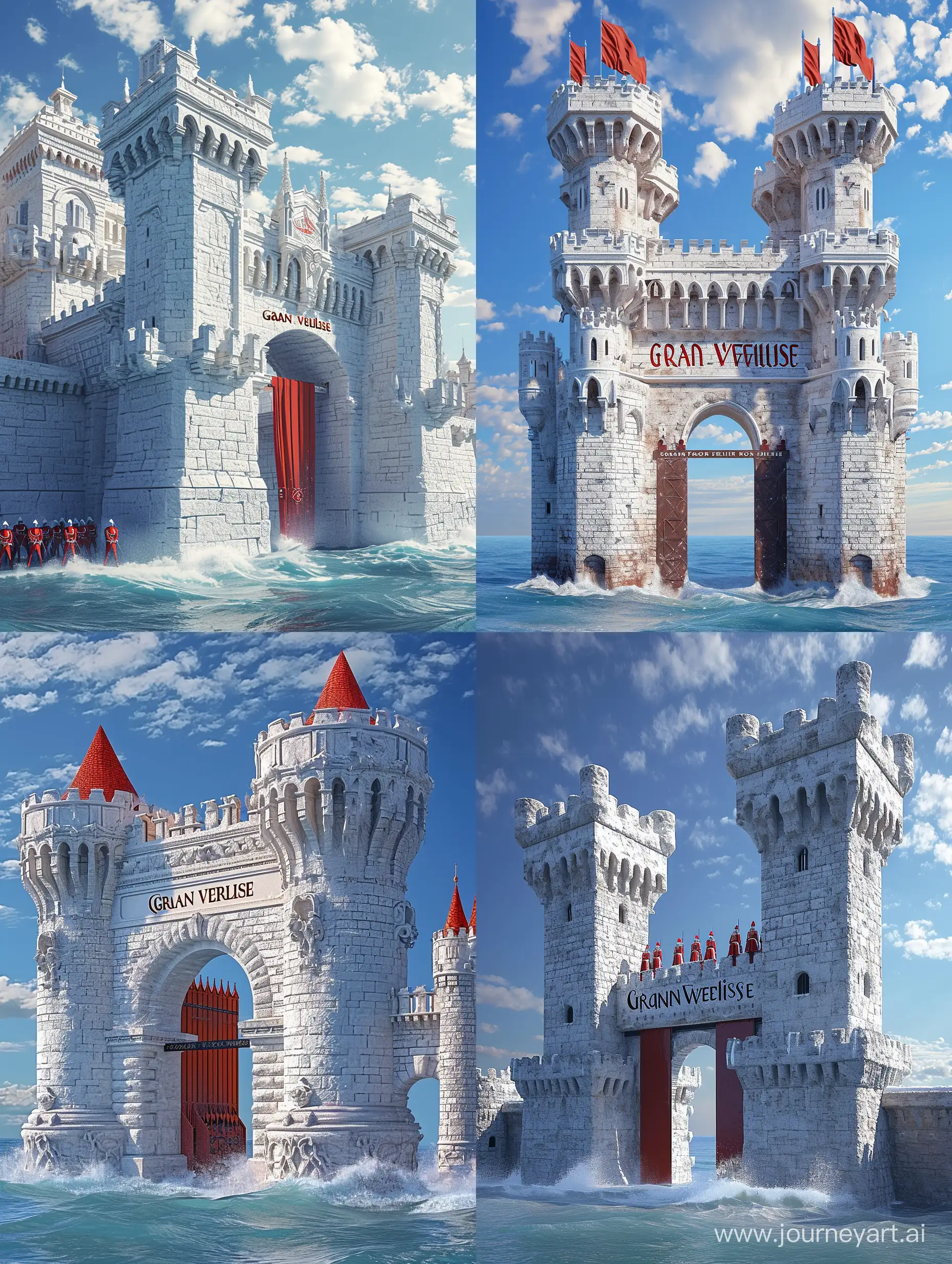 royal city, entrance, white stone construction, on the sea, portcullis with the words "Grand Verlise" engraved above, red royal colours, guards, towers, fantasy, photorealistic