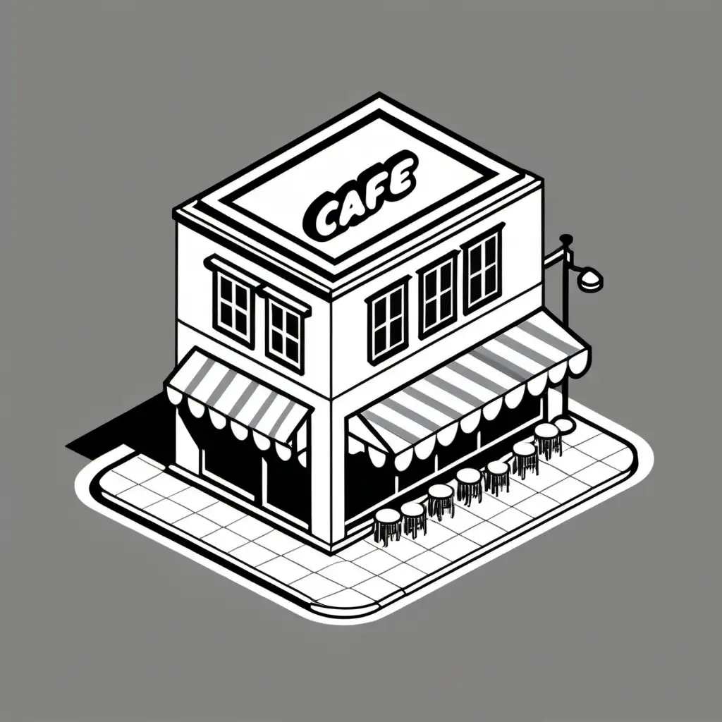 Isometric Black and White Cafe Icon for Application Logo and Coloring Page