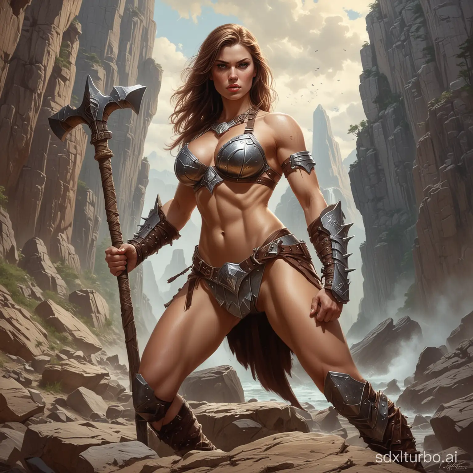 A striking berserker woman, 

swathed in bikini armor, 

firmly grips her hammer, 

poised atop a jagged rock, 

ever the emblem of a fearsome warrior invoking the essence of female barbarian chivalry as depicted by Tyler Edlin and Adrian Smith, 

a fusion of pin-up elegance and fantasy brutality, 

framed in a captivating portrait reminiscent of the works by Glenn Fabry's saga