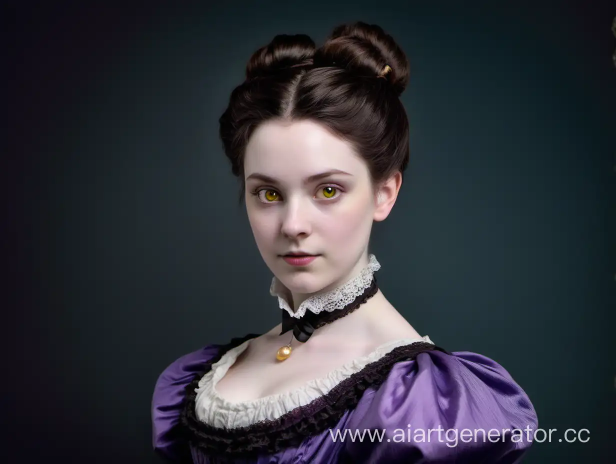 Красивая женщина, темно-русые волосы в пучке, желтые глаза, бледная кожа, викторианская эпоха, фиолетовый, эдвардианская эпоха, фиолетовое платье 19 века.