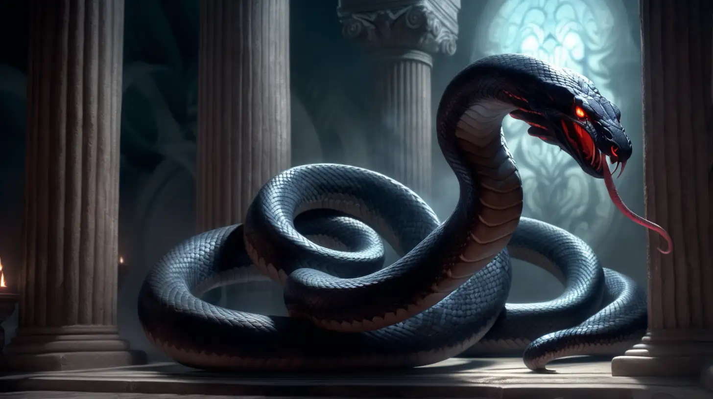 A snake life beast of darkness, the Shadow Wyrm weaves through shadows with an ethereal grace until it emerges with swift and venomous strikes. no legs and no wings.  in a cavernous room with columns