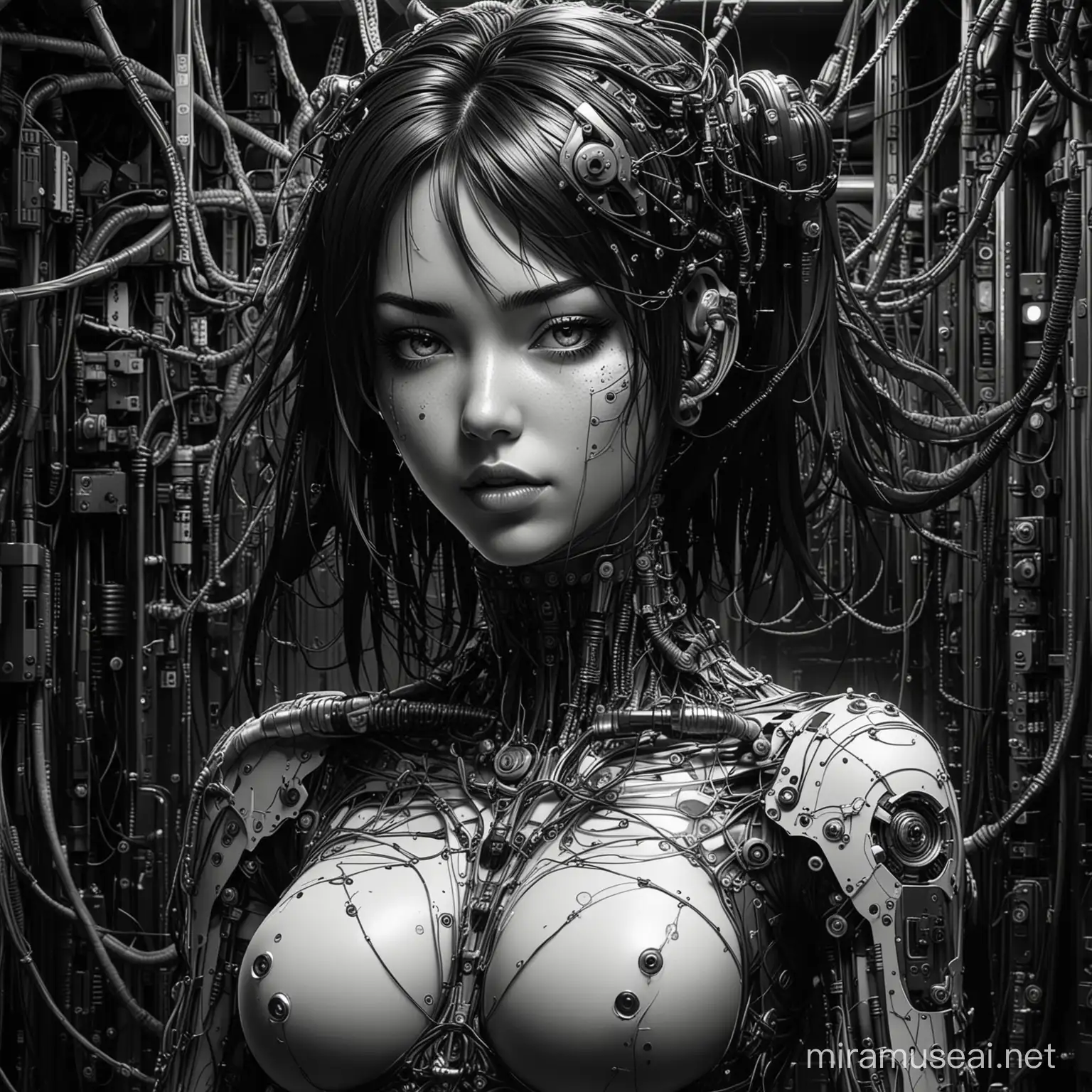 beautiful xenotrip girl , cyberpunk core machines, body connected cables and wires, action pose, in dark black and white drawing, intricate to detail of 90 manga art style, anime aesthetic, pulp comics, heavy chiaroscuro, Taiyo Matsumoto, yayoi kusama, becky cloonan, Katsuhiro Otomo style, giger style, t-shirt art style . dark palette
