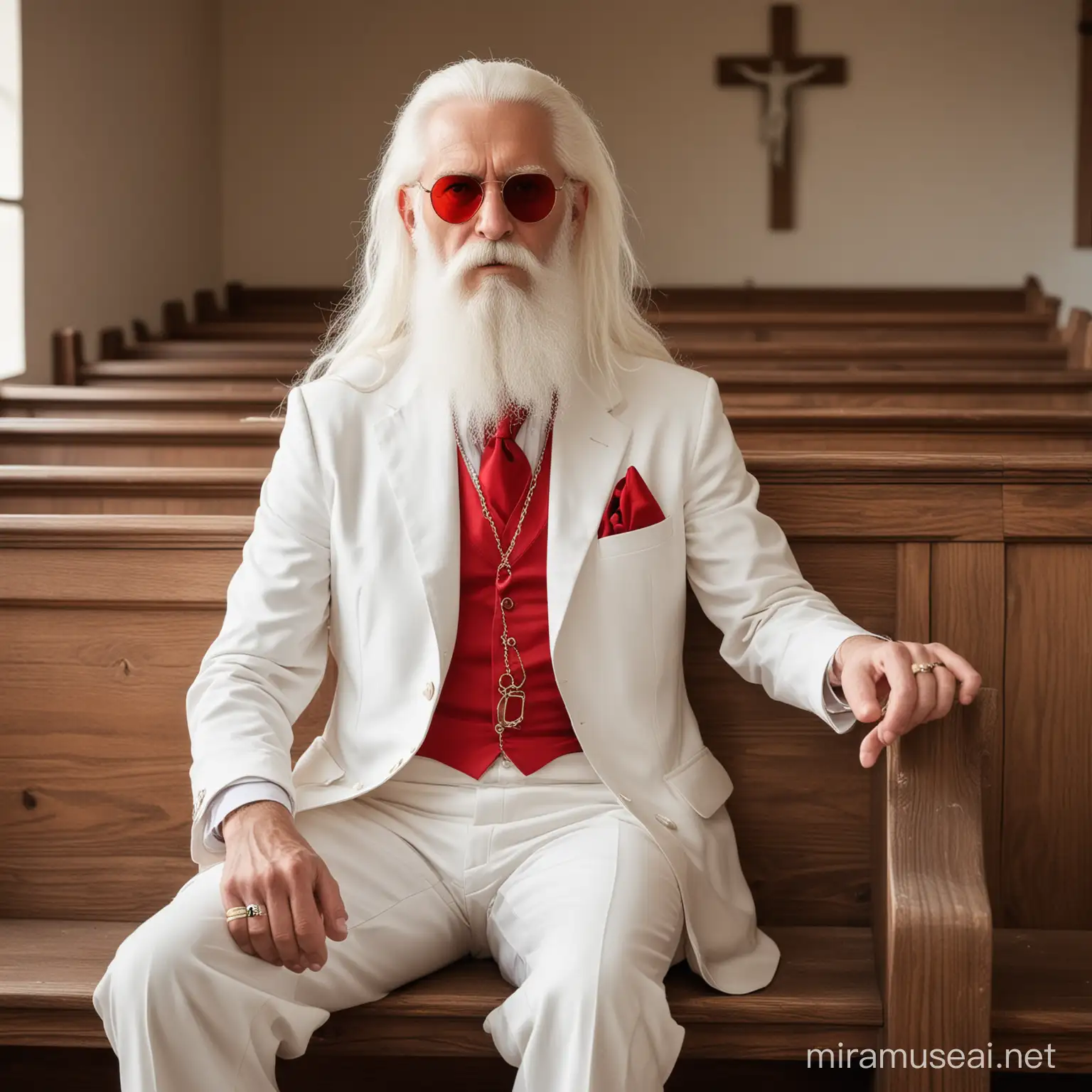 Tall skinny white con man with long white beard and hair, round red sunglasses, white old west preacher's suit sitting handcuffed on a church pew drunk.
