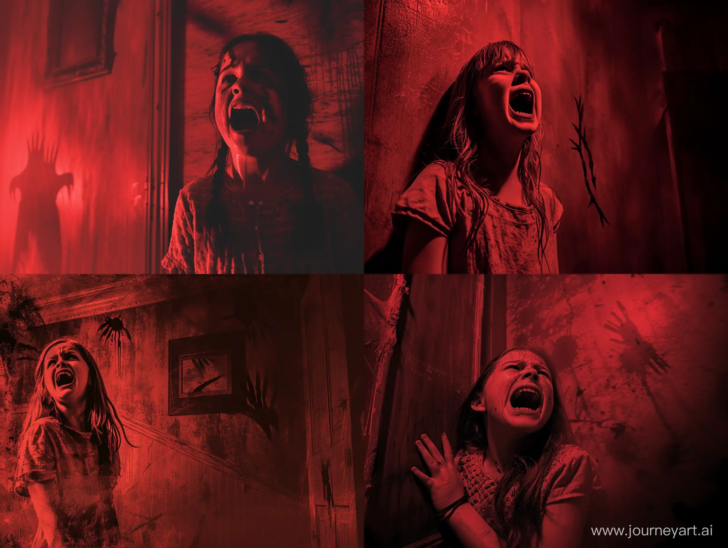 create a cinematic background: a girl cries in fear, a creepy room, claw marks on the wall, dark red tones