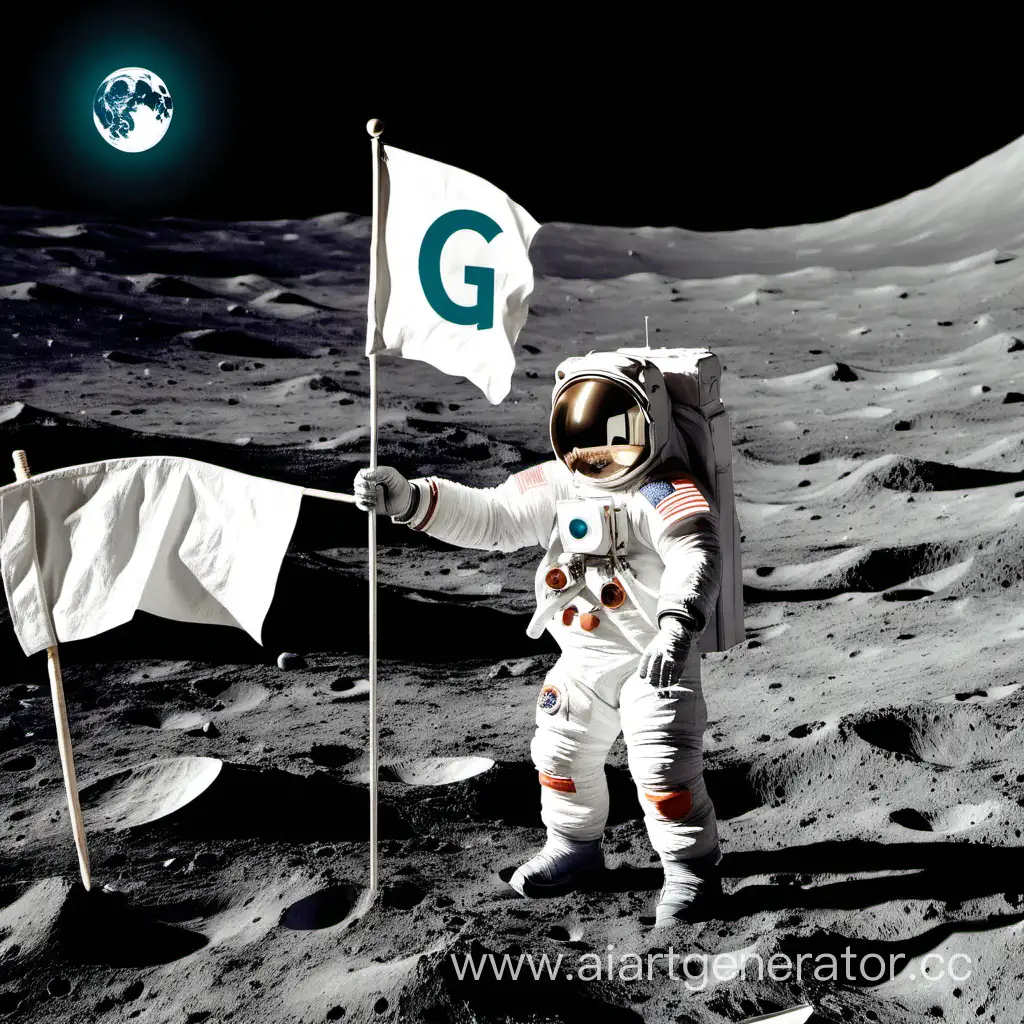 An astronaut holds a White flag with the letter G on the Moon