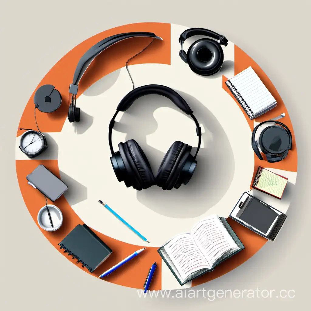 IELTS preparation with reading,listening and writing and pen and pencil placed in circle , headphones