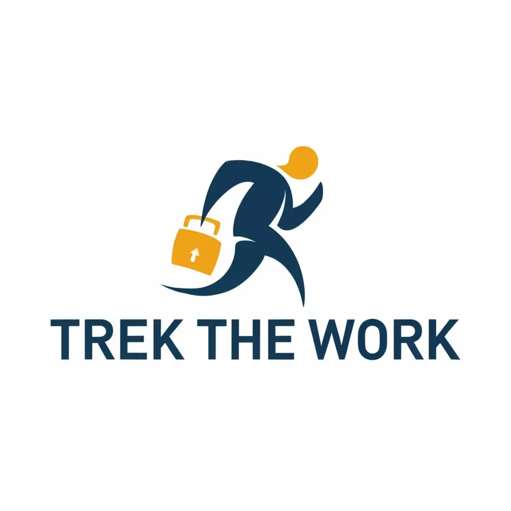 a logo design,with the text "trek the work", main symbol:human running with tie holding a suitcase,Minimalistic,clear background