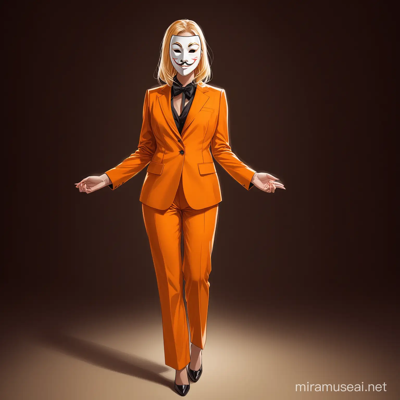 una mujer con traje naranja y cabello rubio, lleva puesta una mascara de teatro.

Que la imagen muestre su cuerpo completo.