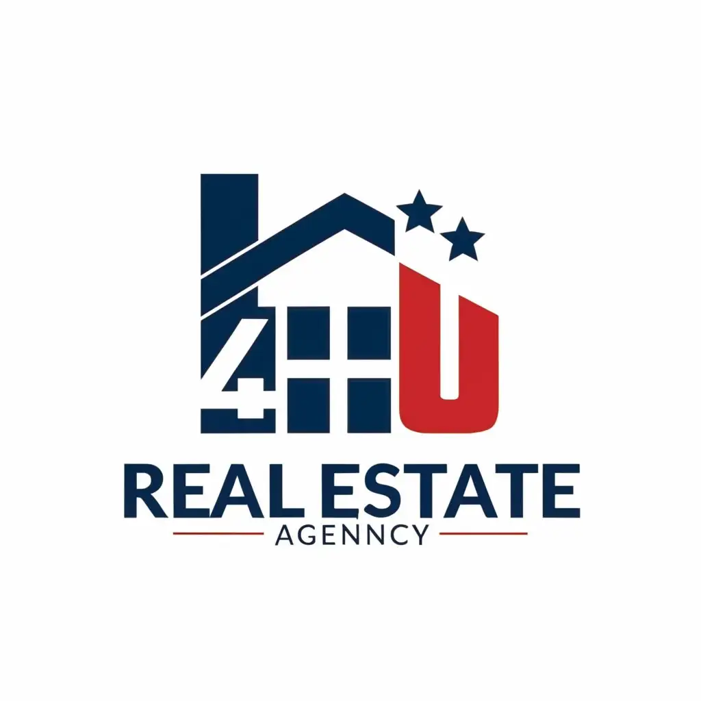 a logo design,with the text "4U", main symbol:We need a logo to real estate agency, we think the mixed American flag and a house,Moderate,be used in Real Estate industry,clear background